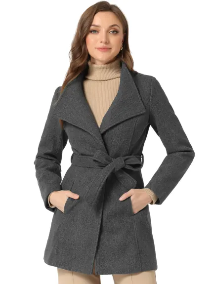 Allegra K- Classic Stand Collar Belted Long Coat