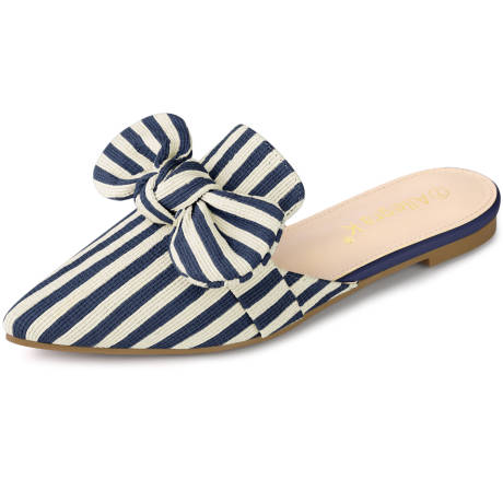 Allegra K - Pointed Toe Slip-on Striped Bow Flat Mules