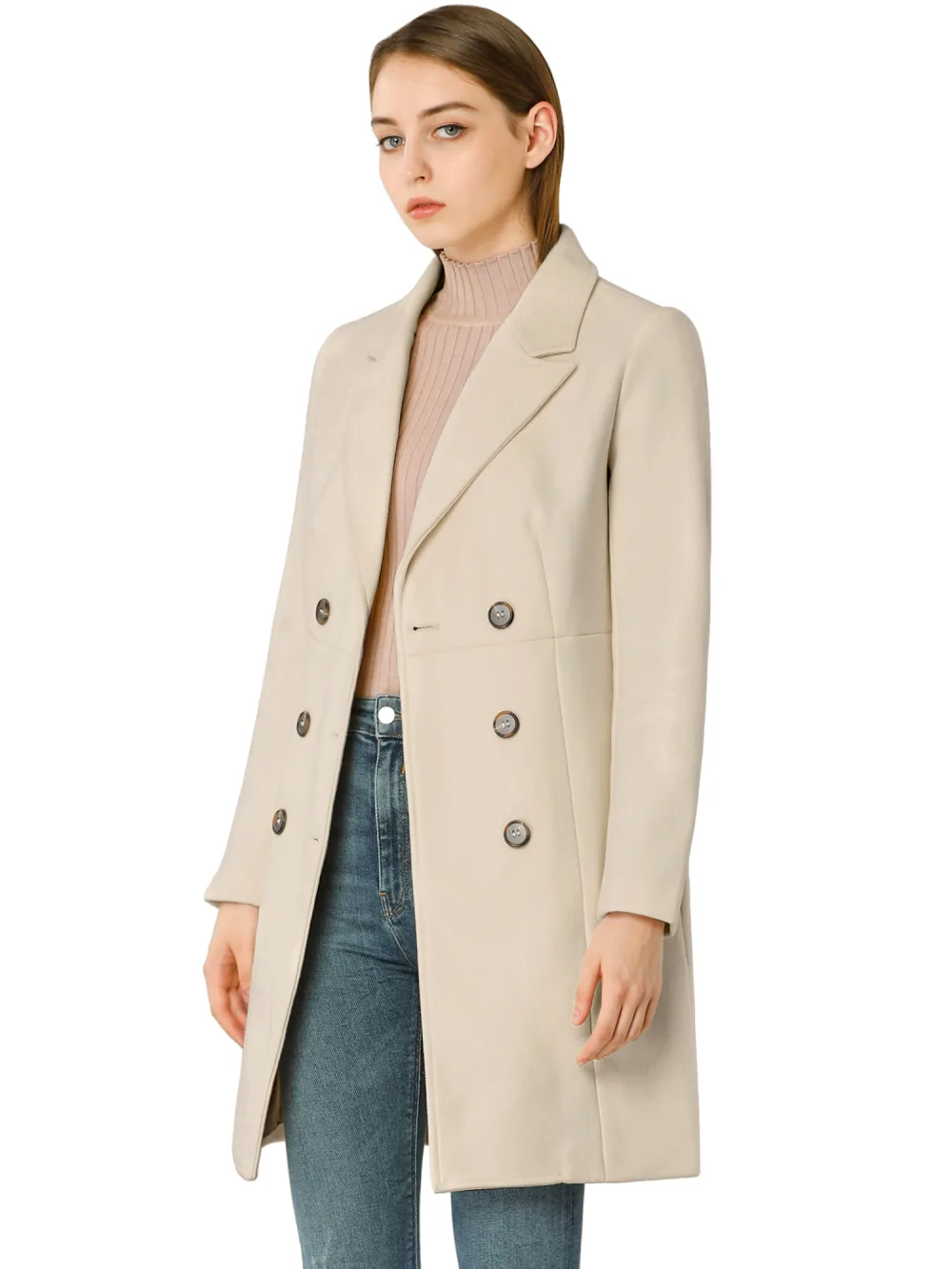 Allegra K- Notched Lapel Double Breasted Long Trenchcoat