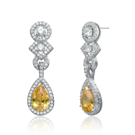 Genevive Sterling Silver White Gold Plating with Colored Cubic Zirconia Dangle Earrings