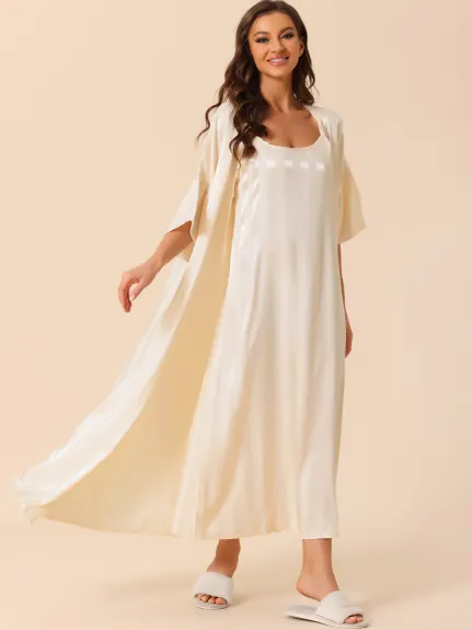 cheibear - Satin 2Pcs Stripe Nightgown with Robes