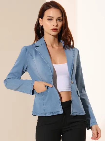 Allegra K- Notched Lapel One Button Washed Denim Blazer