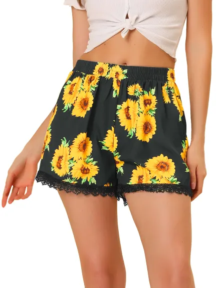 Allegra K - Summer Floral Printed Lace Trim Beach Shorts