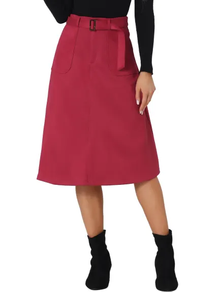 Allegra K- Faux Suede Pockets A-Line Midi Skirt