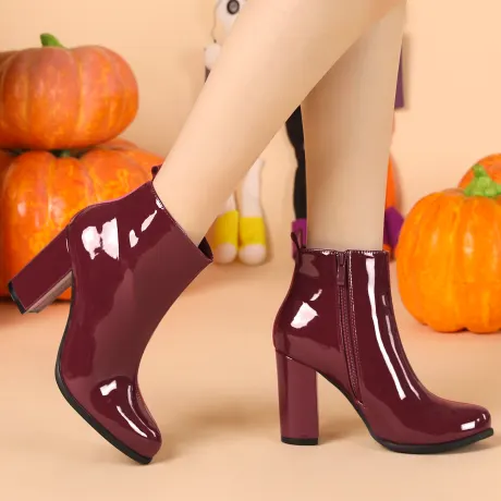 Allegra K- Round Toe High Heels Glossy Ankle Boots