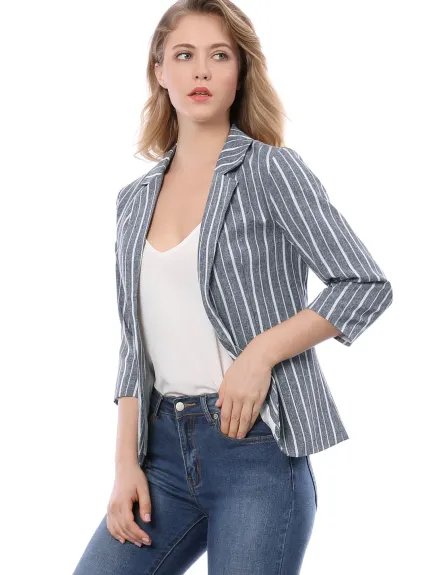 Allegra K- Casual Striped 3/4 Sleeves Open Front Notched Lapel Blazer