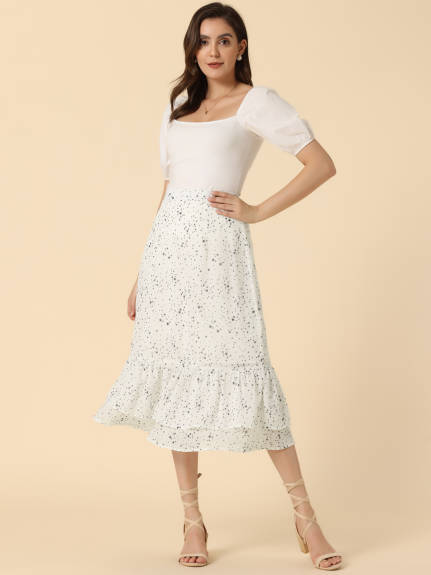 Allegra K- Printed Chiffon Ruffle Tiered Zipper Midi Skirt