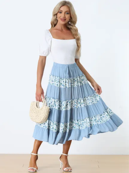 Allegra K- Elastic Waist Floral Midi Tiered Skirt