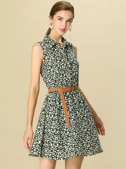 Allegra K- Printed Half Placket Sleeveless Belted Dress