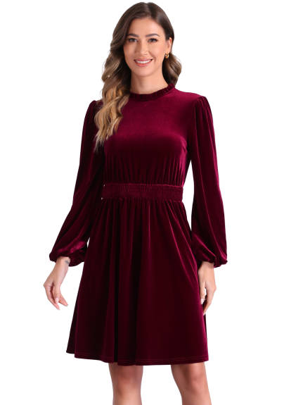 Allegra K - Velvet Smocked Waistline Long Sleeve Dress