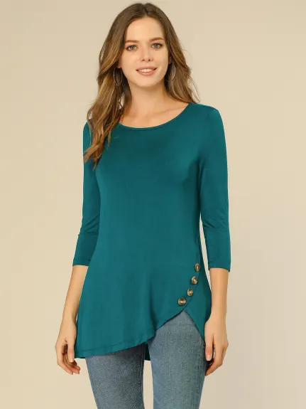 Allegra K- 3/4 Sleeve Tunic Asymmetry Button Top