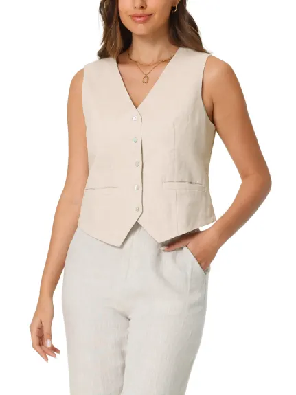 Hobemty- Linen Vest Sleeveless Button Down Waistcoat