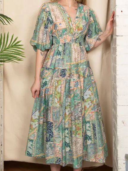 Annick - Lorenza Robe Midi Évasée Manches Bouffantes Vert