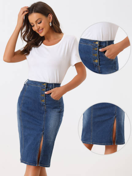 Allegra K - Button Side Slit Midi Denim Skirt