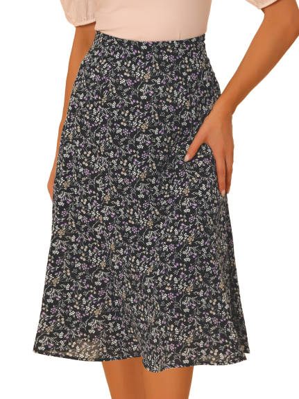 Allegra K- Elastic Waist A-Line Midi Leave Print Skirt