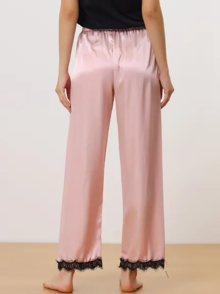 cheibear - Satin Wide-leg Lace Trim Sleep Pants