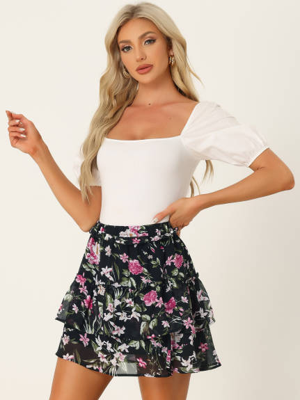 Allegra K- Layered Ruffle Elastic Waist Floral Mini Skirt