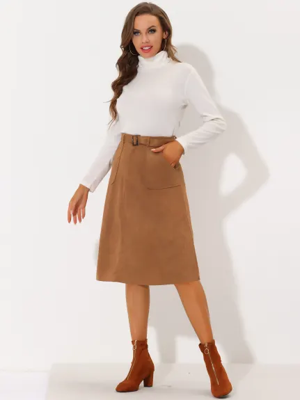 Allegra K- Faux Suede Pockets A-Line Midi Skirt