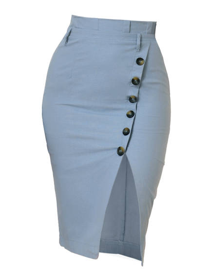 Allegra K - Button Decor Split Belted Pencil Skirt