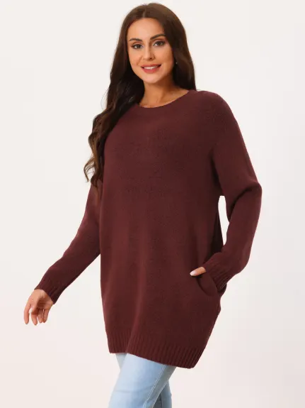 Allegra K- Round Neck Pullover Sweater with Pockets