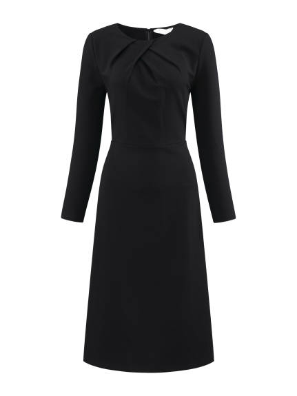 Hobemty - Pleated Neck Long Sleeve Midi Dress