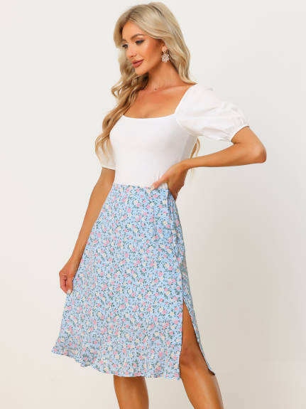 Allegra K- Floral Ruffle A-Line Split Midi Skirt