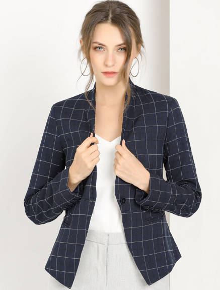 Allegra K- Single Button Stand Collar Plaid Blazer