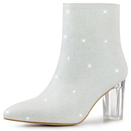 Allegra K - Glitter Clear Block Heel Ankle Booties