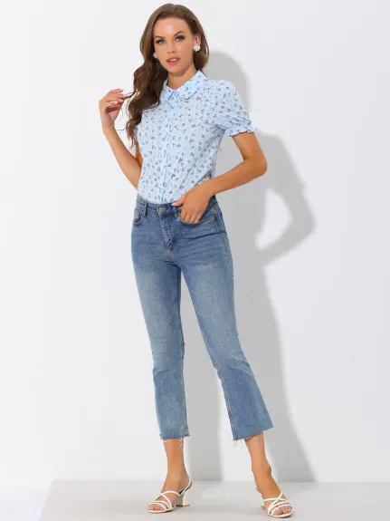 Allegra K - Frilled Short Sleeve Floral Cotton Shirt