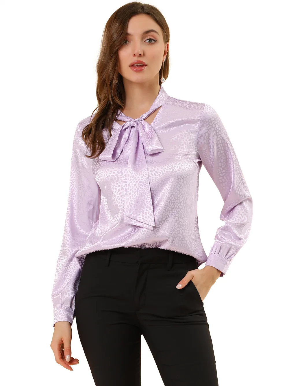 Allegra K- Irregular Dotted Long Sleeve Tie Neck Blouse