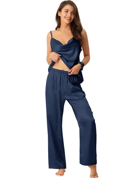 cheibear - Cowl Neck Cami Top with Pants Satin PJs Set