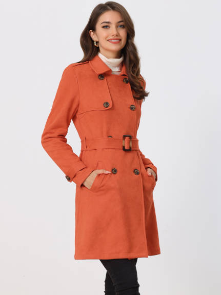 Allegra K- Notched Lapel Double Breasted Faux Suede Trenchcoat