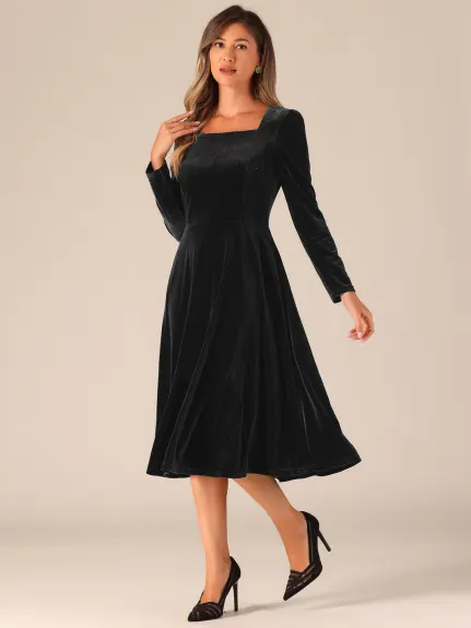 Allegra K - Square Neck Velvet Puff Sleeve Dress