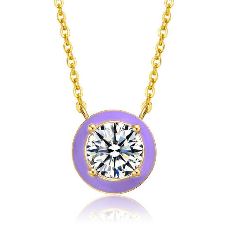 Rachel Glauber 14k Yellow Gold Plated with Clear Cubic Zirconia Purple Enamel Round pendant Necklace