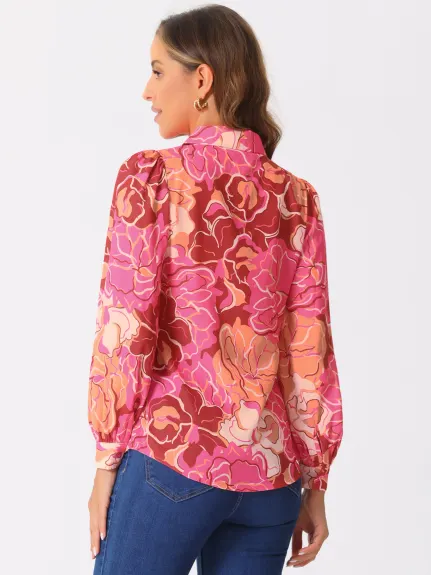 Allegra K - Floral Print Long Puff Sleeve Shirt