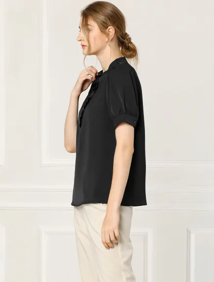 Allegra K - Puff Sleeve Chiffon Half Placket Top