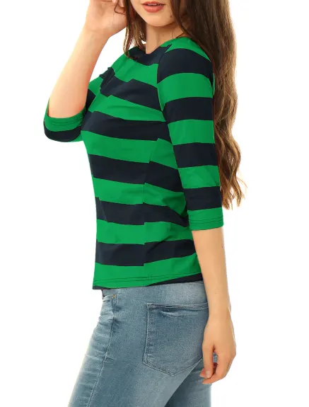 Allegra K- Boat Neck Elbow Sleeve Slim Fit Stripe T-Shirt