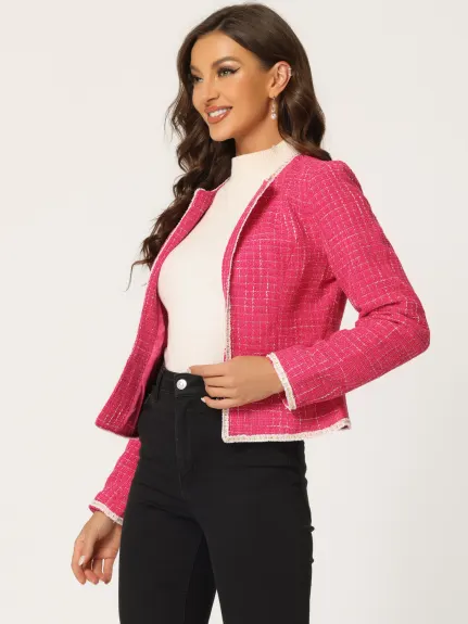 Allegra K- Plaid Tweed Open Front Short Blazer