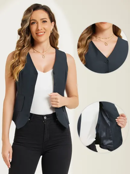 Allegra K- Button Up Belt V Neck Waistcoat