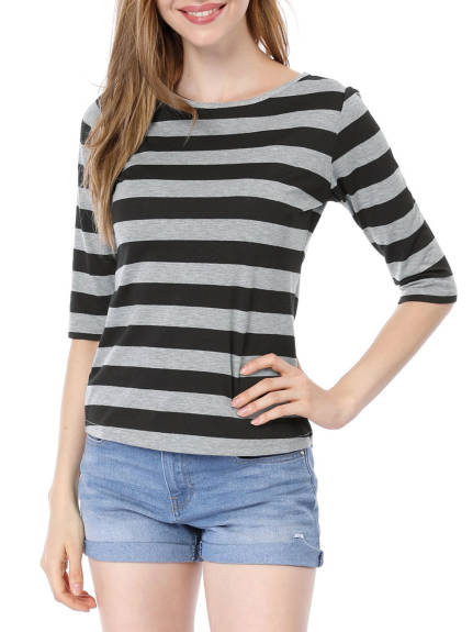 Allegra K- Round Neck Elbow Sleeve Slim Fit T-Shirt