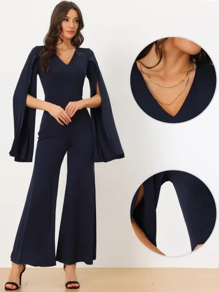 Allegra K - Slit Long Sleeve Wide Leg Jumpsuit