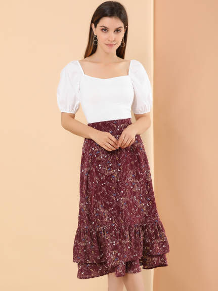 Allegra K- Zipper Printed Chiffon Ruffle Tiered Midi Skirt