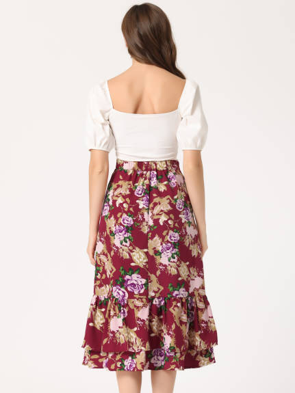 Allegra K- Printed Chiffon Ruffle Tiered Zipper Midi Skirt