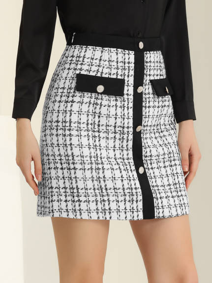 Allegra K- Plaid Tweed Button Decor Mini Skirt