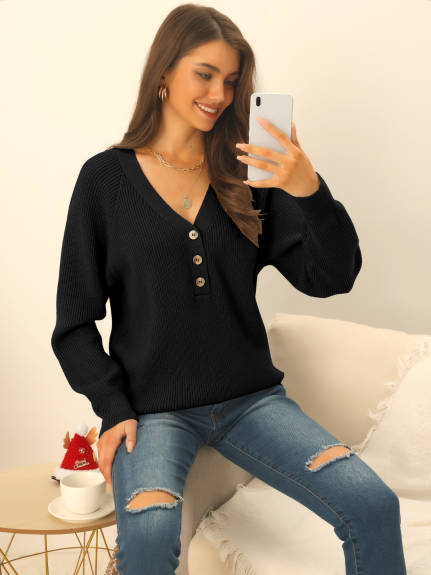 Allegra K- V Neck Button Down Ribbed Knit Pullover Top