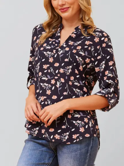 Annick - Sherine Blouse Floral Print V Neck Navy