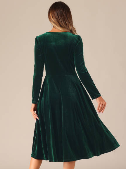 Allegra K - Square Neck Velvet Puff Sleeve Dress