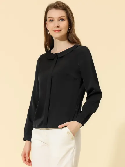 Allegra K- Peter Pan Collar Faux Placket Satin Shirt