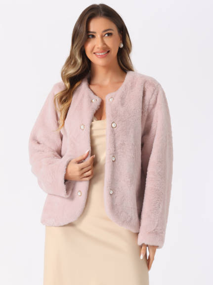 Allegra K - Pearl Button Faux Fur Coat Jacket