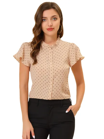 Allegra K- Ruffle Dots Retro Short Sleeve Button Down Blouse